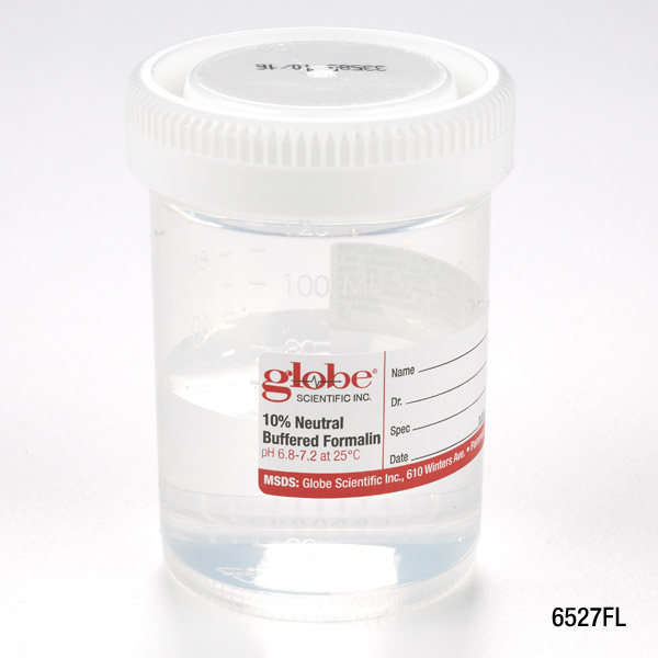 Globe Scientific Pre-Filled Container with Click Close Lid: Tite-Rite, 120mL (4oz), PP, Filled with 60mL of 10% Neutral Buffered Formalin, Attached Hazard Label, 24/Box, 4 Boxes/Unit Formalin; Containers; Formalin Containers; Histology; tissue